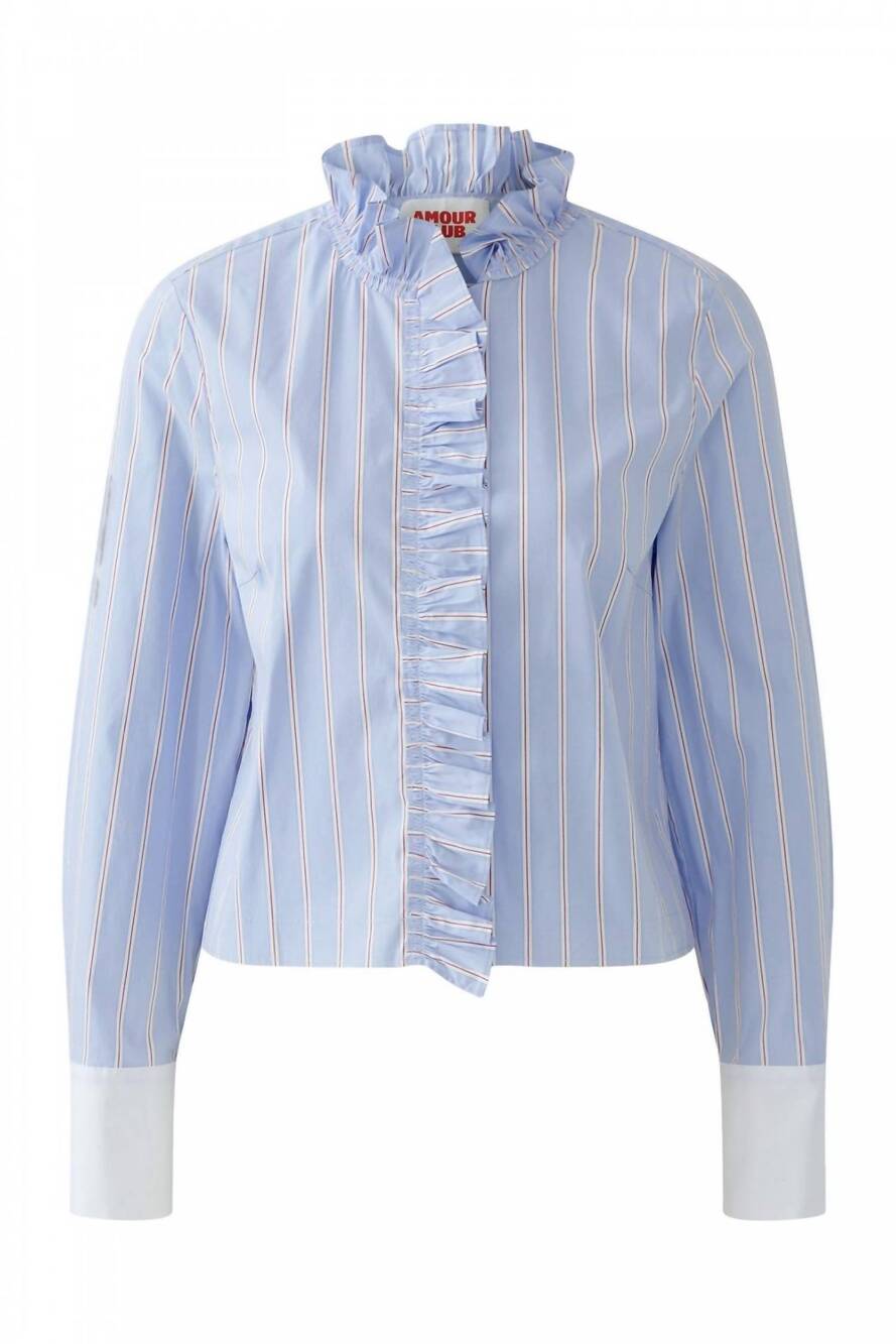 NEW OUI women's feminine ruffle blouse in light blue rose